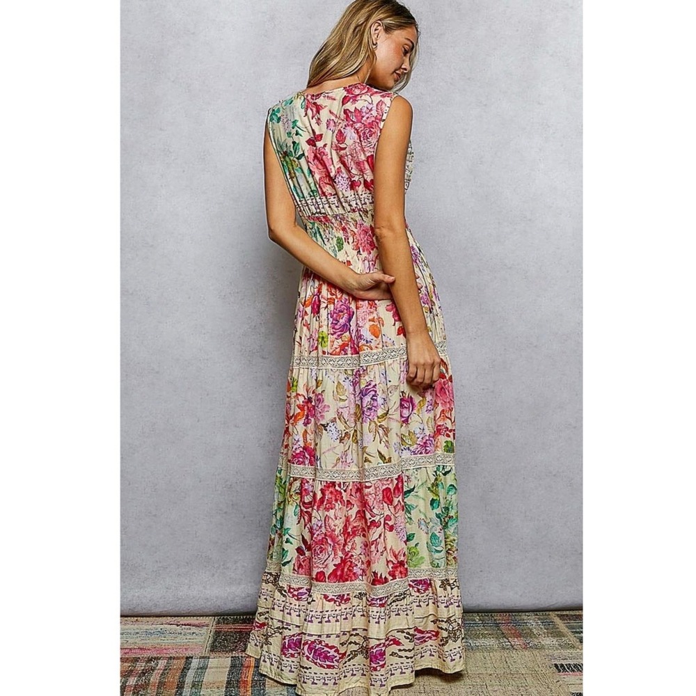 POL Floral Cotton Smocked Waist Tiered Dress V-Neck Sleeveless Boho Pink LARGE - Picture 4 of 5